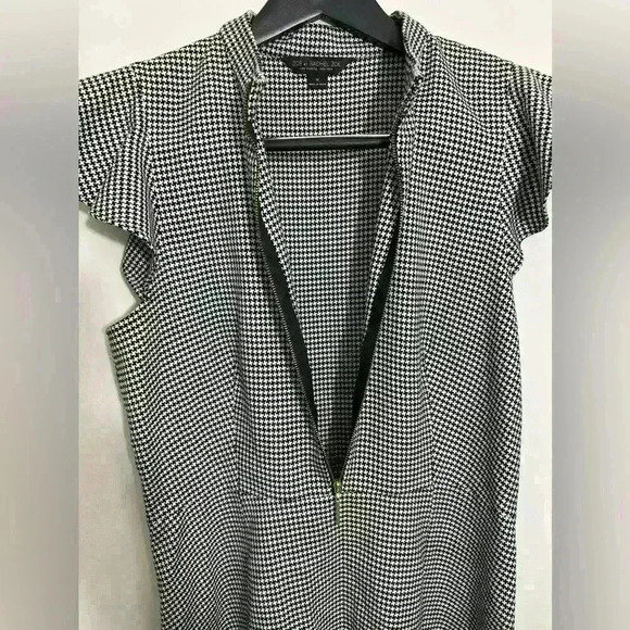 Zoe By Rachel Zoe Front Zip Black White Houndstooth Dress Size 12 Flutter Sleeve - Picture 7 of 8